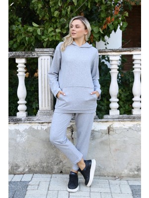 Marsilyan Kadın Pamuk Kapşonlu Cepli 3 Iplik Gri Eşofman Takım