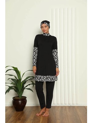 Marsilyan Tam Tesettür Dijital Desenli Mayo Siyah