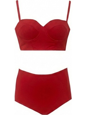 Zi Kırmızı Yüksek Bel Bikini Alt Üst Takım