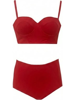 Zi Kırmızı Yüksek Bel Bikini Alt Üst Takım