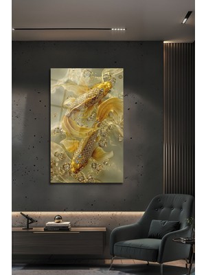 BG Design Lüks Altın Koi Balığı Mücevherli Feng Shui Cam Tablo Zenginlik ve Şans Temalı Duvar Sanatı