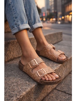 Slipcat Kadın Simli Çift Toka Kaymaz Taban Rahat Terlik