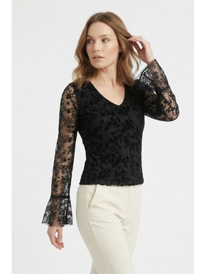 Rays Siyah V Yaka Ispanyol Kol Dantelli Bluz 8518A