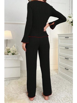 Marsilyan Kadın Siyah Kırmızı Biyeli ve Fiyonklu Uzun Kollu Mevsimlik Pijama Takımı