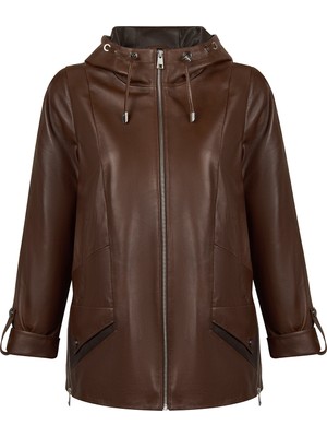 Derimod Selia Kadın Kahverengi Kapüşonlu Deri Kaban 26SGD5676U4