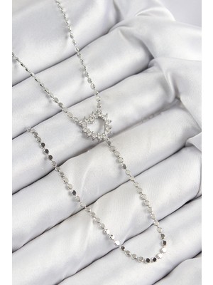 Marsilyan Pirinç Zirkon Taşlı Ezme Zincirli Kalp Model Gümüş Renk Y Kolye