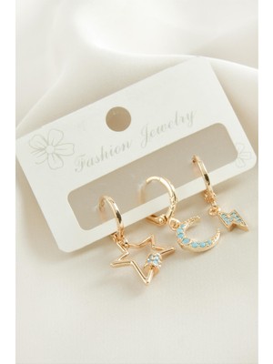 Marsilyan 3 Adet Hilal Yıldız Zirkon Taşlı Küpe