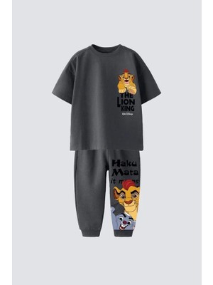 Magu Erkek Çocuk Pamuklu Antrasit Aslan Baskılı Tişört Eşofman Takım - Jogger Alt Parçalı