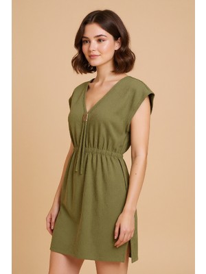 Marsilyan Kadın Haki Yanları Yırtmaçlı Tokalı V Yaka Mini Plaj Elbisesi