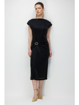 Ekol Kadın Beli Metal Aksesuarlı Simli Elbise 6072 Siyah