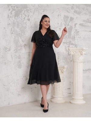 ModaSehle Kadın Büyük Beden Kruvaze Yaka Pul Detaylı Şifon Kısa Kollu Midi Abiye Elbise