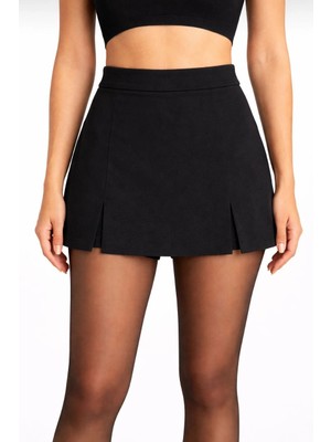 Marsilyan Kadın Siyah Krep Şortlu Etek Mini Boy Yüksel Bel Yırtmaç Detaylı - Siyah