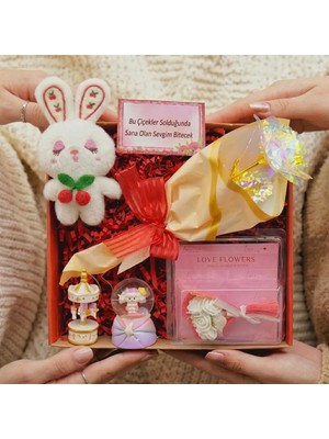 İnci Sepette Romantik Hediye Kutusu – Sonsuzluk Gülü, Kar Küresi ve Mini Tavşan Konsept Set