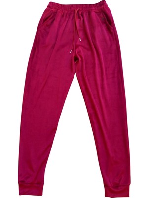 Marsilyan Parlak Kadife Cepli Pantolon Eşofman Pijama Altı Unisex Lastikli Paça Bordo