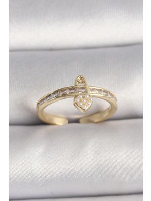 Marsilyan Pirinç Gold Renk Zirkon Taşlı Inci Detay Kilit Kalp Figür Ayarlanabilir Yüzük