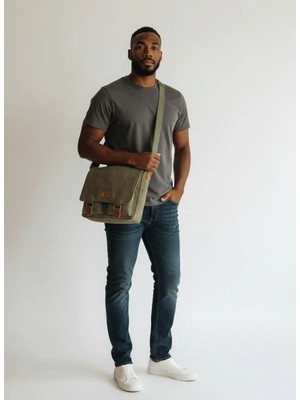 QUB CLUB Unisex Kanvas Haki Su Geçirmez Postacı Iş Okul Evrak Laptop Notebook Çantası (El Çantası Hediyeli)