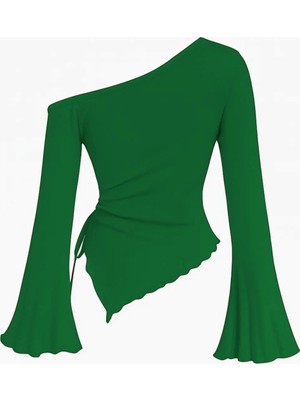 Marsilyan Kadın Yeşil Uzun Ispanyol Kollu Asimetirik Yaka Yandan Bağlamalı Drapeli Bluz