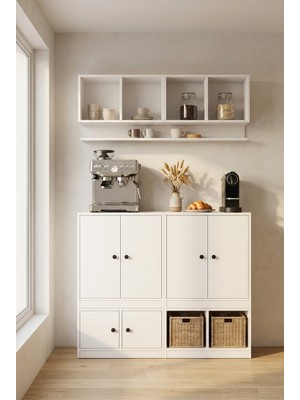 For Woman Ahşap Çok Amaçlı 6 Kapaklı Mutfak Dolabı ve Kahve Köşesi Ünitesi Beyaz Modern Düzenleyici
