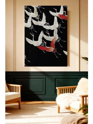 Mushen Studio Japon Turnaları Siyah Zemin Vintage Kanvas Tablo Solvent Baskı Doğa Sanatı Duvar