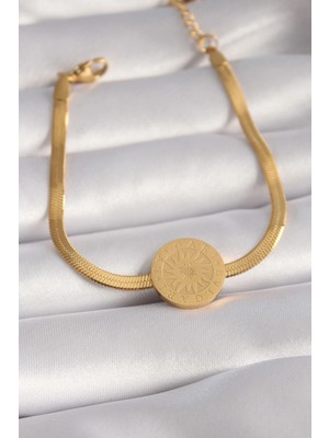 Marsilyan 316L Çelik Gold Renk Italyan Zincir Model Işlemeli Madalyon Figür Kadın Bileklik