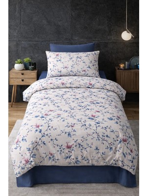 Vionetta Pamuklu Ranforce Sakura Mavi Lila Lastikli Çarşaflı 2 Yastıklı Tek Kişilik Nevresim Takımı