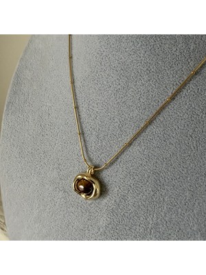 Marem Kahverengi Taşlı Çelik Kolye