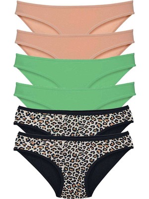 Marsilyan 6 Adet Likralı Kadın Slip Külot Leopar Ten Yeşil