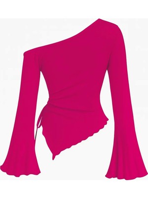 Marsilyan Kadın Fuşya Uzun Ispanyol Kollu Asimetirik Yaka Yandan Bağlamalı Drapeli Bluz