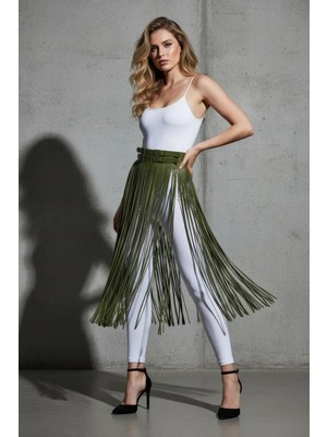 Marsilyan Haki Etek Uzun Püskül Detaylı Etek Suni Deri Etek Yüksek Bel Etek - BRF1090