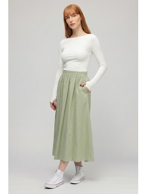 Saade Mint Kadın A Kesim Yüksek Bel Cepli Dökümlü Kloş Etek - Dokulu Keten