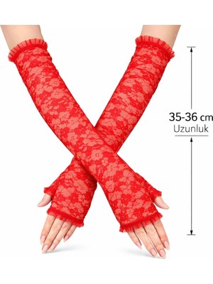 Marsilyan Uzun Zarif Dantel Eldiven Parmaksız Kırmızı 35 cm