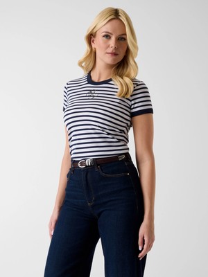 Guess Kısa Kollu Bisiklet Yaka Çizgili Mini 4g Logolu Kadın Mavi T-Shirt W6GI18K3040-SM1L