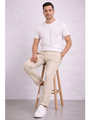 Marsilyan Erkek Diagonel Mikro Dokulu Duble Paça Cepli Pantolon ,modern Kesim - Krem