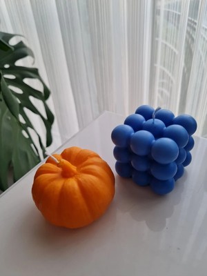 Verda Desing Kokulu Turuncu Bal Kabağı ve Mavi Bubble El Yapımı Dekoratif Tasarım Mum (2 Li)