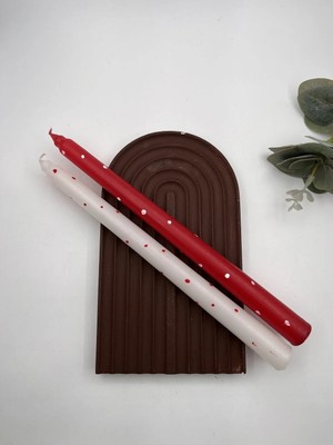Verda Desing El Emeği Boyama Kırmızı Beyaz Puantiyeli Dekoratif Şamdan Mumu 2 Li Set