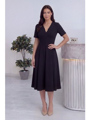 Zks Grup Tekstil-Kadın V Yaka Pileli Midi Elbise Bordo, Kahverengi, Siyah, Mürdüm