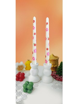 Verda Desing El Emeği Boyalı Pembe&kırmızı Çiçek Desenli Dekoratif Şamdan Mumu 2 Li Set