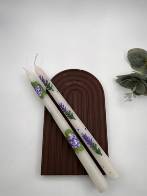 Verda Desing El Emeği Boyama Lavanta ve Mor Çiçek Dekoratif Şamdan Mumu 2 Li Set