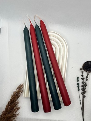 Verda Desing Dekoratif Pastel Mat Yeşil ve Mat Kırmızı Şamdan Mumu 4 Lü Set