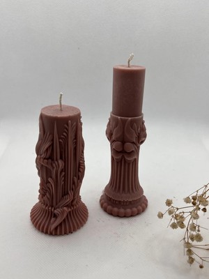 Verda Desing Kendinden Şamdanlı Dekoratif Sanatsal ve Sarmal Tasarımlı Açık Kahverengi Şamdan Mumu 1 Li