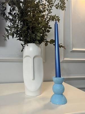 Verda Desing Dekoratif Mavi Alçı-Beton Tasarım Boncuk Desenli Şamdanlık Mumluk 1 Adet