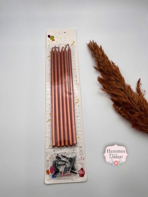 Verda Desing Metalik Bronz Rose Uzun Çubuk Pasta Mumu 20 cm 6 Lı Set