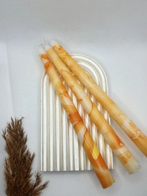 Verda Desing Dekoratif Özel Tasarım Turuncu Ebru ve Mermer Desenli Şamdan Mumu 3 Lü Set