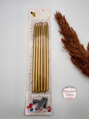 Verda Desing Metalik Altın Gold Uzun Çubuk Pasta Mumu 20 cm 6 Lı Set