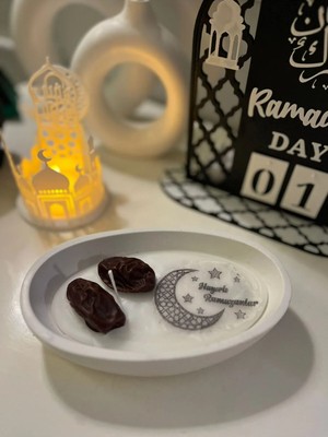 Verda Desing Hediyelik Hayırlı Ramazanlar Yazılı, Hurma Tasarımlı Dekoratif Alçı Kase Mum Iftar Sofrası Dekoru