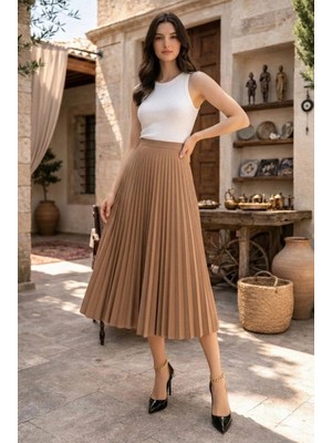 Marsilyan Kadın 90 cm Saten Kumaş Pliseli Midi Etek Şık ve Zarif Tasarım - Kahverengi