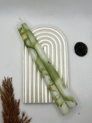 Verda Desing Dekoratif Özel Tasarım Yeşil Ebru ve Mermer Desenli Şamdan Mumu 2 Li Set