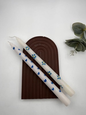 Verda Desing El Emeği Boyama Mavi Kalp ve Mavi Çiçek Dekoratif Şamdan Mumu 2 Li Set