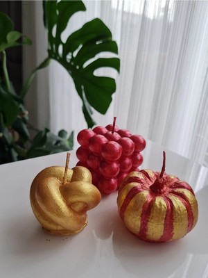 Verda Desing Kırmızı Simli Bubble, Altın Örgü ve Kırmızı Altın Bal Kabağı El Yapımı Dekoratif Tasarım Mum (3 Lü)