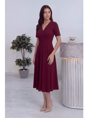 Zks Grup Tekstil-Kadın V Yaka Pileli Midi Elbise Bordo, Kahverengi, Siyah, Mürdüm